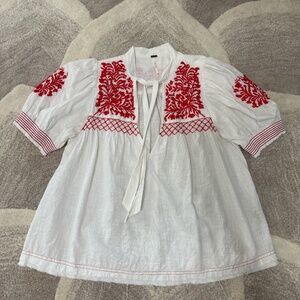 Free People Embroidered White Blouse with Red Accents
